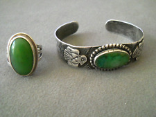 Native American Navajo Jade Thunderbird Sterling Silver Stamped Bracelet & Ring picture