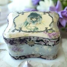 Antique 1920s Celluloid Keepsake Box with Early Woman Driver, Shabby Floral picture