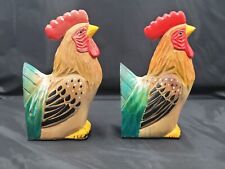 Hand Painted Carved Wood Book Ends Rooster VTG Colorful Feathers Unique Vibrant picture