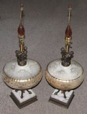 Pair (2) Vintage MCM Hollywood Regency Glass Globe Brass Marble Lamps w/ Cherubs picture
