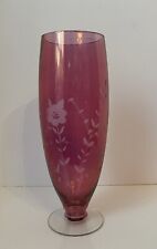Vintage Cranberry Pink Footed Vase with Etched Floral Design picture