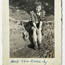 Vintage B&W Fun Snapshot Photograph Beautiful Young Woman “Help the Knee-dy” picture