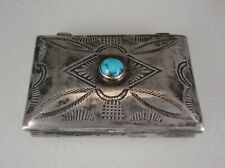 GREAT OLD NAVAJO HAND STAMPED STERLING SILVER & BISBEE TURQUOISE PILL BOX picture