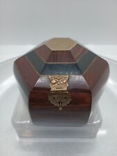 Hexagon Wooden Box With Brass Accents. Sapphire Blue Lining. Vintage  4 X 3  picture