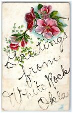c1910's Greetings From White Rock Oklahoma OK Flowers Embossed Glitter Postcard picture