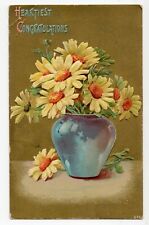 Heartiest Congratulations Vintage Postcard, Embossed Gold Gilt +Daisies Unposted picture