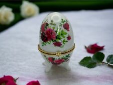 Vintage Brass Hinged Floral  Porcelain Egg Jewelry Trinket Holder picture