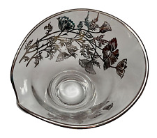 Vintage MCM Silver Floral Overlay Clear Glass Candy/Trinket Dish Asymmetry Bowl picture