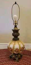 Vintage Large Brass and Milk Glass Table Lamp with Light Up Base Embroidery Rose picture