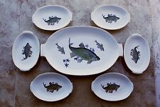 Lovely Vintage Israel Thick Porcelain Kedar Fish Platter Tray 6 Plates Set  Gold picture