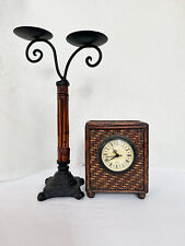 Set of 2 pcs - Bamboo Tall 16 in Candle Holder and Wicker Mantle Clock 7 in picture