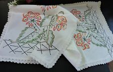 Vintage linen Runner with embroidery geranium picture