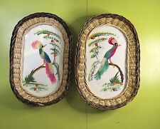 VTG RARE MCM Bird Art Boho Hand Crafted Kitsch Feather Painted w/Wicker Frames. picture
