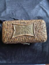 Vintage Rectangular Bamboo Woven Covered Basket with Brass Embellishment picture