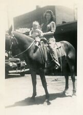 Vintage Photo Woman Mom and Baby on a Horse Old Car in Background picture