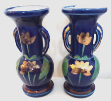 Vases Set 2 Small Kutani Vintage Japan Handpainted Cobalt Gold Green Floral 5 in picture