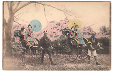 c1910 Nagasaki Japan~ Ladies w Umbrellas on Rickshaws~ Vintage Tinted Postcard picture