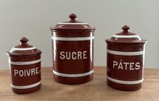 Set of 3 French Enamelware Canisters /Lids Sucre Pates Poivre Sugar Pasta Pepper picture