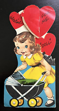 Vintage UNUSED Valentine Honeycomb Pull Open Cute Girl Stroller Greeting Card picture