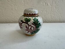 Chinese Miniature White Cloisonne Ginger Jar Vase w/ Purple Flowers picture