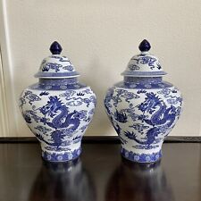 Pair Of Large Lidded Vintage Bombay Ginger Jars Blue And White Dragons 16.5”H picture