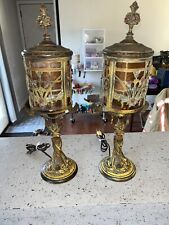 Rare & Beautiful Pair Art Noveau Lady Lamps Amber Glass Tri Panel Lamps-20” Tall picture