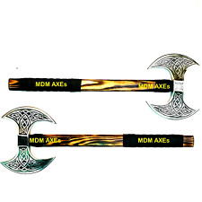 SET OF 2 x Handmade Fantasy Viking Double Head Etched Axe Ash Wood Handle Battle picture