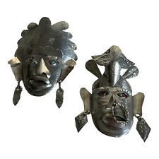 2 Vintage Tin Masks, Mexican Folk Art, Primitive Wall Mask, Handmade picture