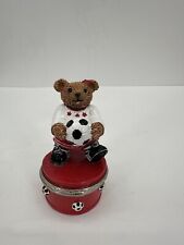 VINTAGE CLAIRE'S SOCCER TEDDY BEAR TRINKET JEWEL JEWELRY BOX HINGED GOOAL 1999 picture