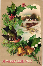 Bird Mistletoe Bells MERRY CHRISTMAS Textured Germany Antique c1913 Postcard picture