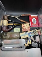 Vintage Junk Drawer Lot Tobacco Pipes Tin Art Deco Lighters Antique Boxes picture