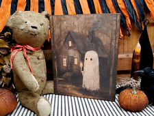GHOST CABIN CANDLE OLD FOLK ART VICTORIAN PRIMITIVE VINTAGE STYLE HALLOWEEN SIGN picture
