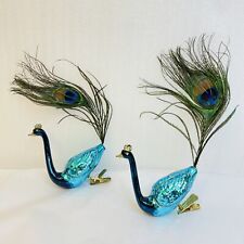 2 Vintage Blown Glass Peacock Clip Christmas Ornaments Real Feathers Glitter picture