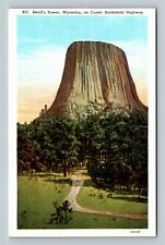 Devil's Tower WY, Custer Battlefield Highway, Wyoming Vintage Postcard picture
