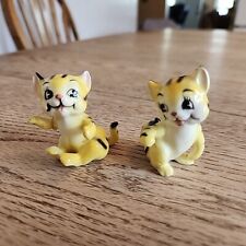 Vintage Anthropomorphic Yellow Black Striped Cat Figurines Eyelashes Japan Read picture