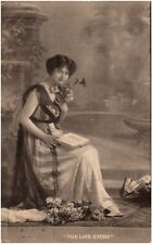 The Love Story Pretty Edwardian Girl with Book & Flowers 1918 Postcard Photo picture