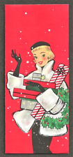 Unused '50-60s LADY ~Pillbox Hat ~Armful of GIFTS ~Vtg HALLMARK Christmas Card picture