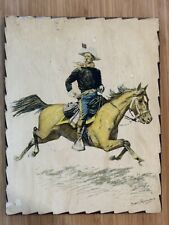 Vintage Frederic Remington Print Military Cowboy Horse Decoupage Wood 70s Kitsch picture