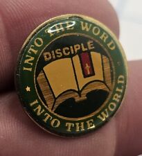 VTG Lapel Pinback Hat Pin Gold Tone Into The World Disciple Green Religious  picture