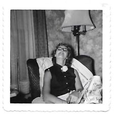 Vintage Photo Cute Young Woman w Glasses 1950s Living Room Nerdy Girl Smiling picture