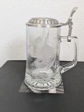 VINTAGE 1950s GERMAN ALE BEER STEIN ETCHED GLASS SCENE W/SAILING & PEWTER TOP VG picture
