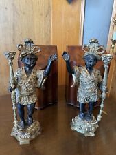 Vintage Pair of Moorish Blackamoor Figural Cast Bronze Single Candle Holders picture