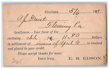 1891 Enclosing Check AJ Griest Fleming PA Cleveland Ohio OH Postal Card picture