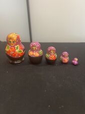 Vintage Hand Painted Wooden Russian Nesting Stacking Matryoshka Dolls Set Of 5 picture
