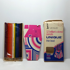 USA Made Vintage Pack 12 VENUS UNIQUE Thin Lead Color Pencils w/ Pencil Caddy picture
