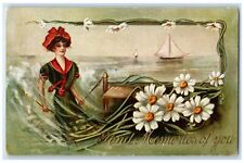c1910's Pretty Woman Daisy Flowers Sailboat Scene Embossed Antique Postcard picture