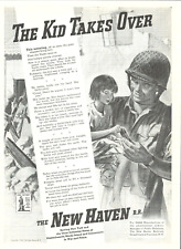 1943 WWII NEW HAVEN RAILROAD child war refugee PRINT AD Kind Soldier Buy Bonds picture