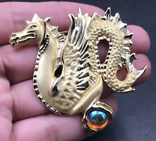 VTG Large Dragon w/ Irredescent Round Ball Gold Tone Brooch Pin 2.5