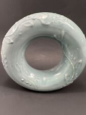 Vintage Unique Circular Ceramic Donut Shaped Vase Blue-green Raised Vine picture