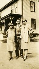 Q449 Original Vintage Photo THREE POSING IN YARD, VICTORIAN PORCH c 1920's picture